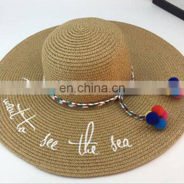 Letters Embroid Frenulum Of Hair Bulb Large Eaves Straw Hat Vogue Sunshade Sandbeach Hat