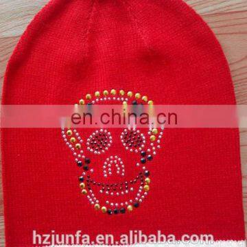 Red color imitate rhinestone knitted washing acrylic hat