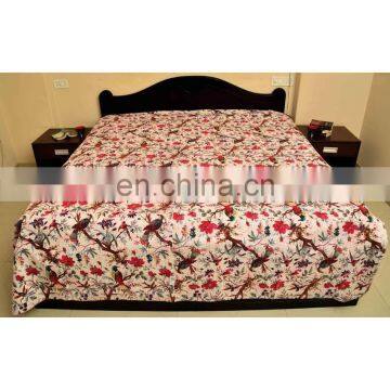 Bird Print Kantha Quilt White Bird of Paradise Kantha Bedcover