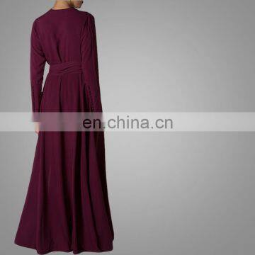 ManXun Modern Muslim Women Maroon Long Abaya Dress With Belt Islamic Kimono Clothing For Ladies photo-2