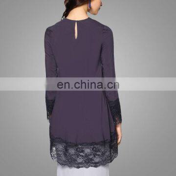 2017 New Fashion Silk Satin Material Women Long Sleeve Blouse Islamic O Neck Tunic With Black Lace Casual Muslim Top photo-2