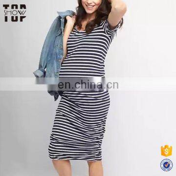 Wholesale ruched blank t-shirt stripe dress short sleeves womens maternity dresses