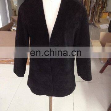 2015 ladies black pig suede jacket with two pocket in front