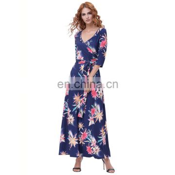 Belle Poque Retro Vintage Bohemian 3/4 Sleeve V-Neck Navy Blue Boho Dress Long Maxi Dress BP000241-1