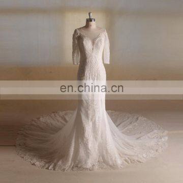 Honorable mermaid scoop neck 3/4 sleeve lace long train wedding dress