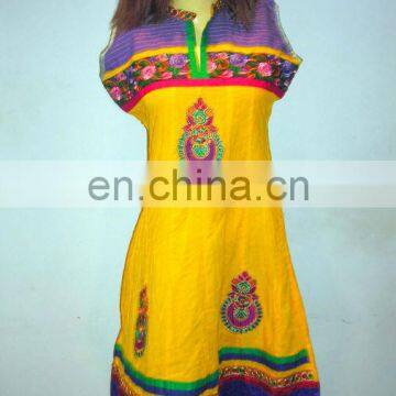 Indian cotton ladies long yellow color kurtis with colorful stripes wholesale embroidery tunics