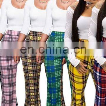 Plaid Print High Waisted Flare Pants for Women 2020 Fashion Sexy Bell Bottom Pants Casual Trousers