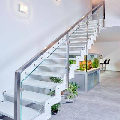 Residential Villa Carbon Steel Interior Laminated Glass Tread Double/Single Plate Beam Straight Stairs photo-3