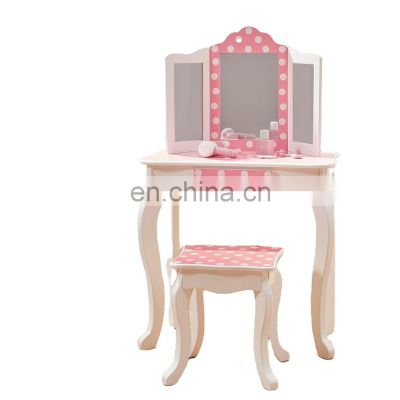 Kid Wooden Vanity Set with Tri-Fold Mirror and Chair