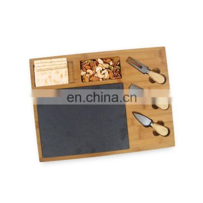 Bamboo Cheese Board and Cutlery Set with Slate Centerpiece Board Cheese Platter Plate and serving Tray