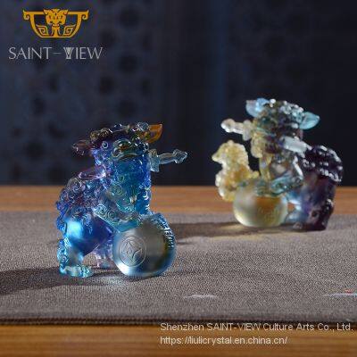 Fengshui Wholesale Crystal Liuli Pair Auspicious Lions Mini Statues Wedding Gift