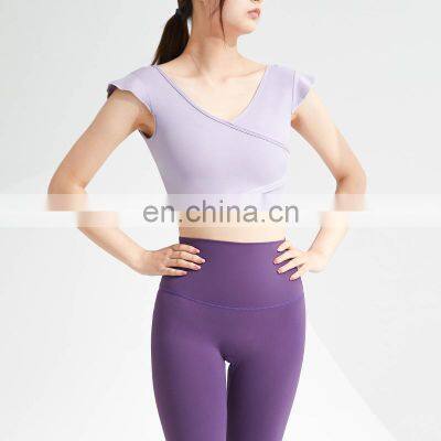 Wholesale Custom Logo Front Cross Ruffle Sleeve Yoga Tee Ladies Gym Sports Wear Yoga Crop Top Women High Quality Yoga T-Shirt photo-3