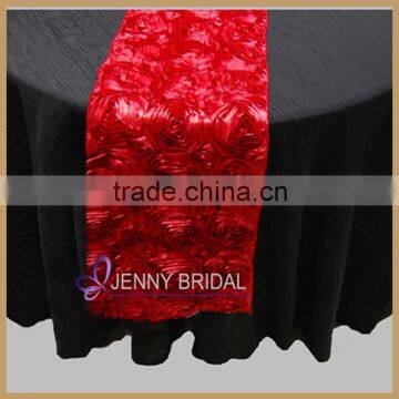 TR003C high quality red satin rosette table runner for round tables