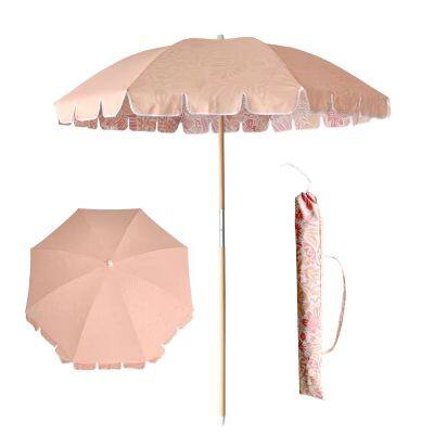 Wholesale 7FT Fringe Beach Umbrellas Outdoor Patio Umbrella With UPF50+ UV Protection OEM Customized Striped Polyester
