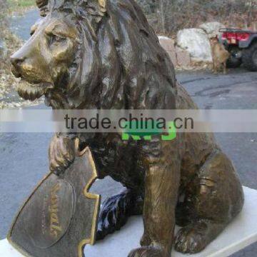 Bronze garden lion with sign sculpture