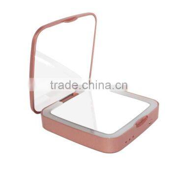 Rose gold lighted compact pocket mirror with power bank for multiuse