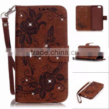 Fashion designed Diamond butterfly wallet leather stand case cover with strap, leather case with inside TPU for iphone 6s/6 plus