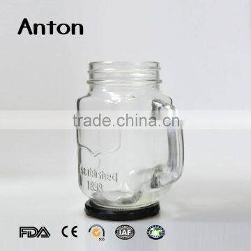 14oz Hot Sale Relief Mason Jar Mug With Handle Metal Lid Clear Glass Mason Bottles photo-2