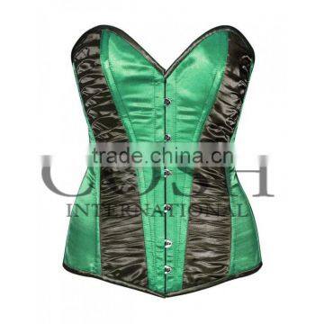 Overbust steel boned corset in black and green satin