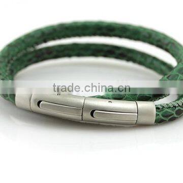 Green Color Genuine Snakeskin Leather Bracelet Bangle with Stainless Steel Button Jewelry Manufacturer