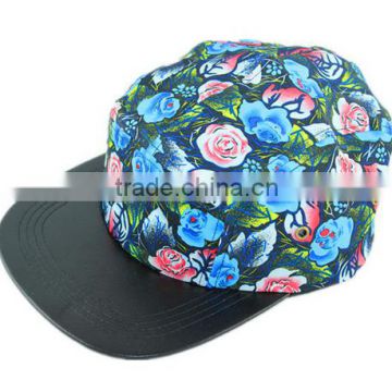 Camp Leather Brim Design Cotton Floral Print 5 Panel Cap Custom Made 5 Panels Cap