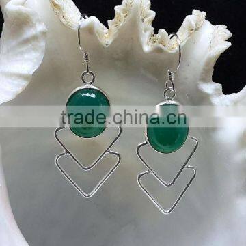 925 Sterling Silver Green Onyx Cabochon Oval Bezel Earrings, Fashionable Bezel Earrings, Designer Green Onyx Earrings