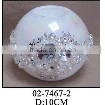 white glass round tealight holders with shiny beads