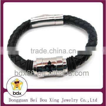 Handmade Christ Religious Black Enamel Jesus Cross Leather Punk Style Bracelet With Stainless Steel Magnetic Clasp Wholesales