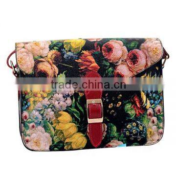 2015 Women Vintage Oil Painting Messenger Bag Girls Flower Printed Shoulder Bags Lady Multifunction Handbag Purse Free Ship