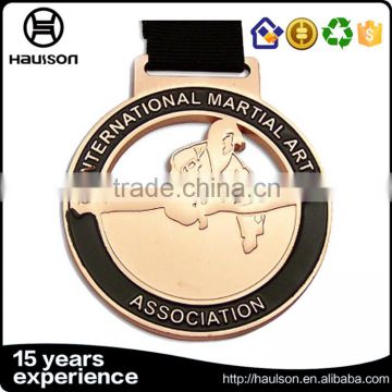 wholesale custom hollow out stamping soft enamel iron zinc alloy antique gold plated martial sport medal with ribbon