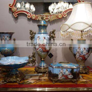 European Character Design Decorative Ceramic Fruit Bowl With Bronze Side Handles, Blue&white Porcelain and Brass Compote/Planter photo-5