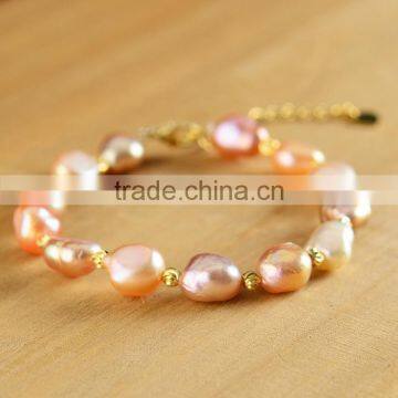 14k Gold Chain 4-5mm Multicolor Baroque Freshwater Pearl Bracelet photo-2