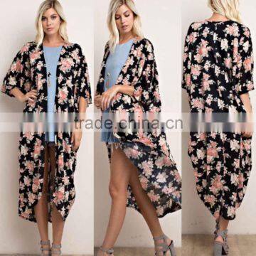 Fashion Classic Fall Sweaters Open front Black Floral Kimono Duster long maxi cardigan