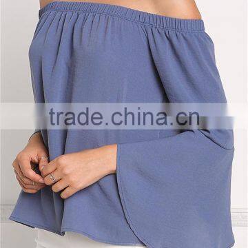 MGOO New Custom Designs Plain Blue Blouses Off Shoulder Long Sleeves Flare Opening Fashion Viscose Blouses