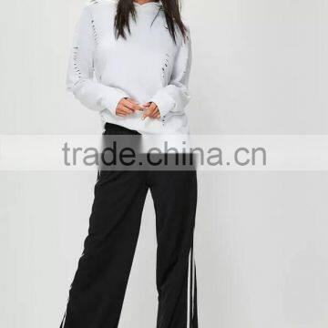 White Distressed Oversized Hoodie Cut Hole Custom 100% Cotton Frech Terry Drop Shoulder Ripped With Hooded photo-3