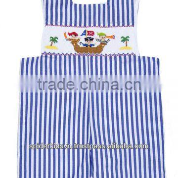 Infant / Toddler Boys Blue Striped Smocked Pirate Ship Shortalls