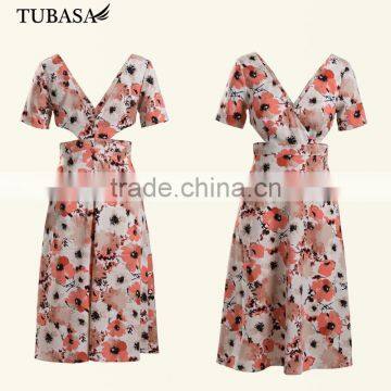 Hot Selling Elegant Women's Wear Fashion Flower Print Dreses Sexy v Neck Dresses