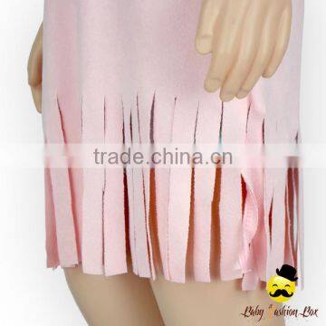 2017 Summer New Design Suede Plain Pink Fringe Cutting Flutter Sleeve Kids Modern Girls Dress photo-5