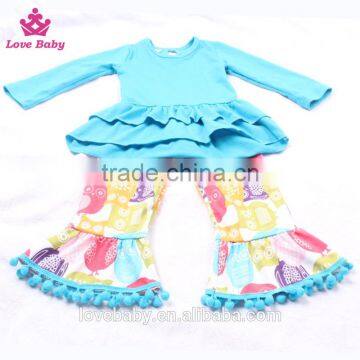 Ruffle Hem Blue Top With Owl Animal Prints Ruffle Pants Outfits Set Toldder Girl Clothing Set LBYTZ001-37