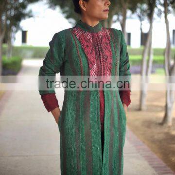 Vintage Kantha Long Jacket in Beautiful Viridian Green and Dull Red ~ Small photo-2