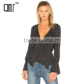 Frilled wrap design chic long sleeve black peplum blouse for women