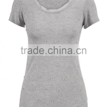 Plain Gray Stylish O Neck Short Sleeves Women Beads Rhinestone T Shirt 2015