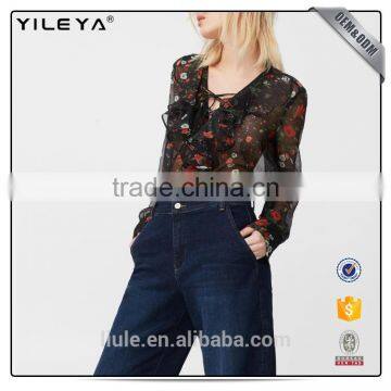 2017 Women Fashion Ruffle Blouses Custom Floral Printing Women Tops photo-2