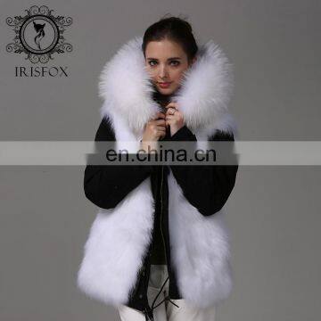 Fashion Women Black Jacket With Raccoon Collar And White Fox Fur Coat photo-5