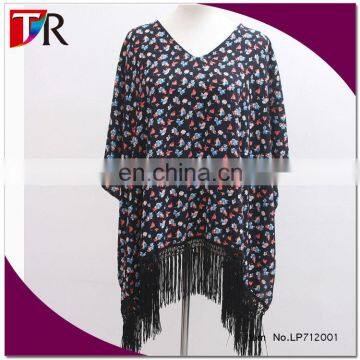 yiwu shawl factory developed new summer tassel poncho , lady chiffon shawl