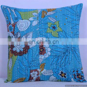 Indian Cotton Handmade Turquoise floral Kantha Cushion Cover Kantha Throw Pillow Cover Hand Stitched Kantha Cushion Cover