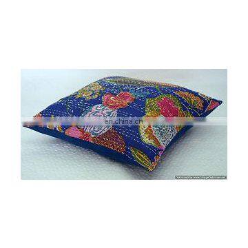 Blue Handmade Embroidery Work Kantha Cushion Pillow Cover Throw 16" Indian floral Printed Home Decorative Traditional ethnic art