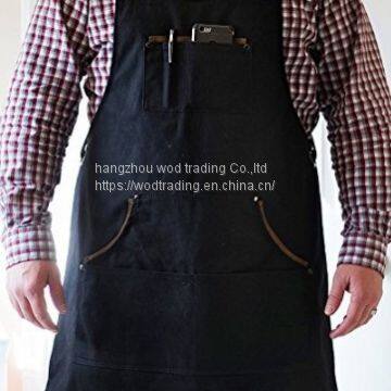 waterproof denim fabric apron with leather and pockets