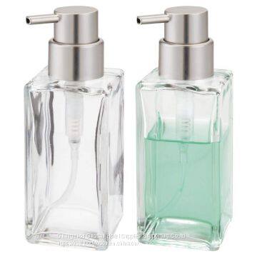 Square Glass Refillable Liquid Soap Dispenser Pump Bottle for Bathroom Vanity Countertop, Kitchen Sink - Holds Hand Soap, Dish Soap, Hand Sanitizer, Essential Oils - 2 Pack - Clear/Brushed