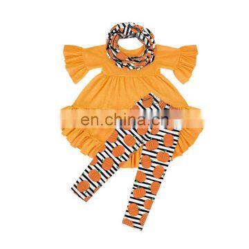 Girls 3 Piece Suits Flutter Sleeve Ruffle Blouse Halloween Pumpkin Design Pants  Scarf Set Cute Baby Outfits